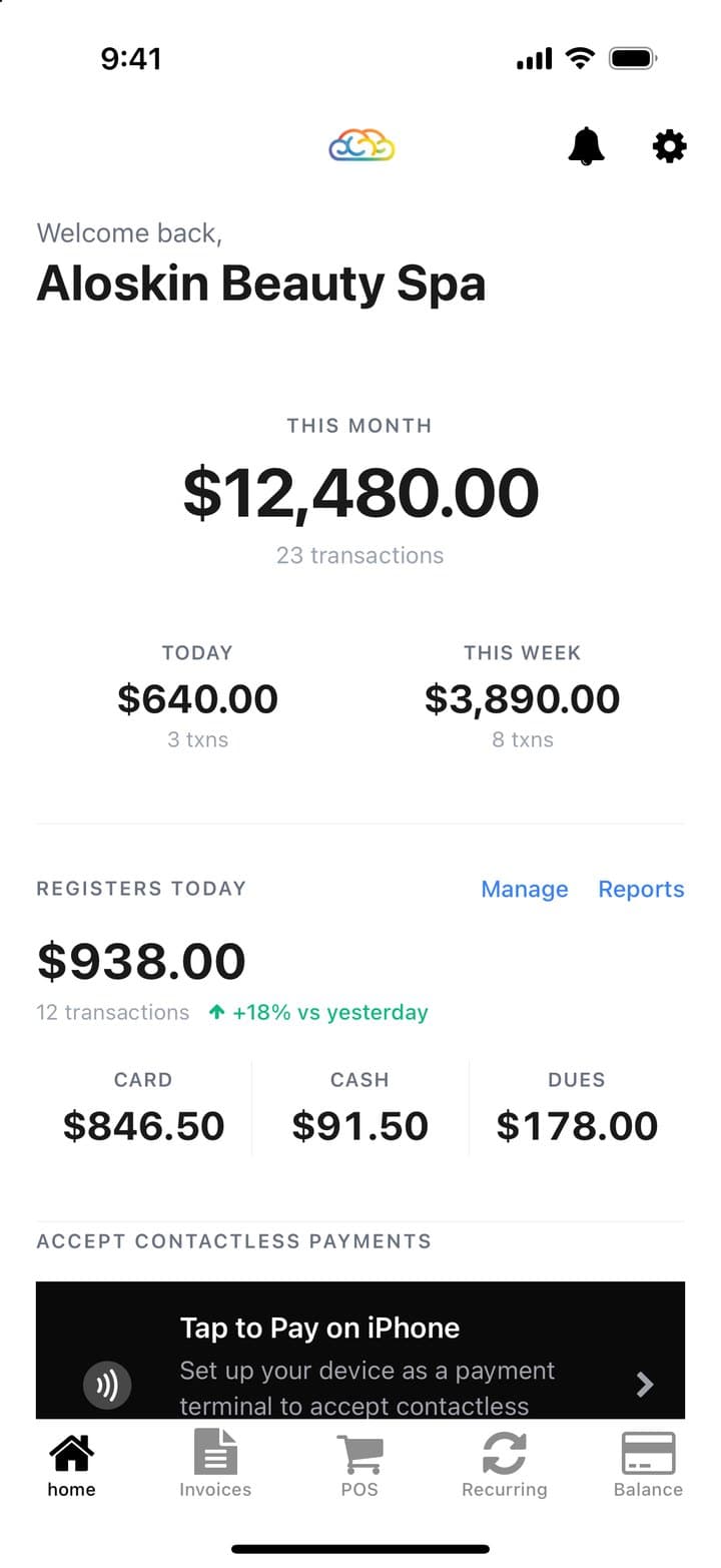 The Paybrain app home dashboard with this month’s sales