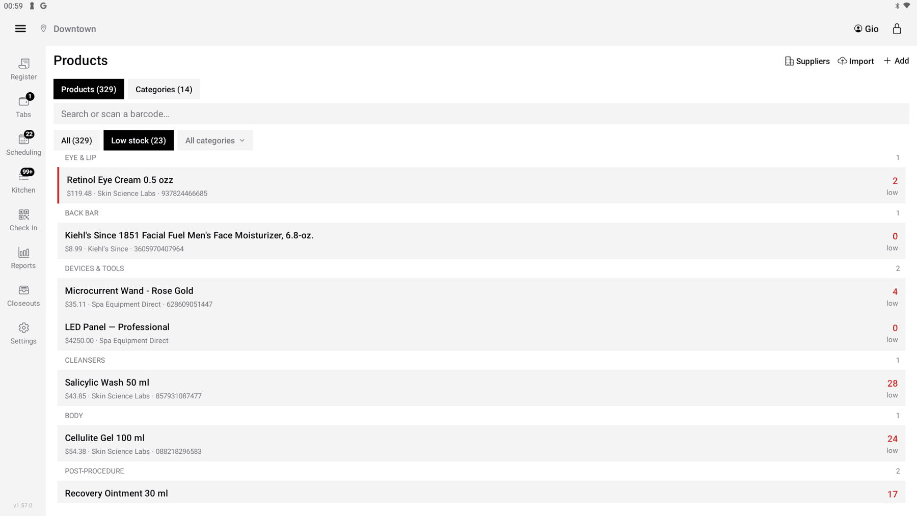 The register's low-stock view listing items at or below their reorder threshold
