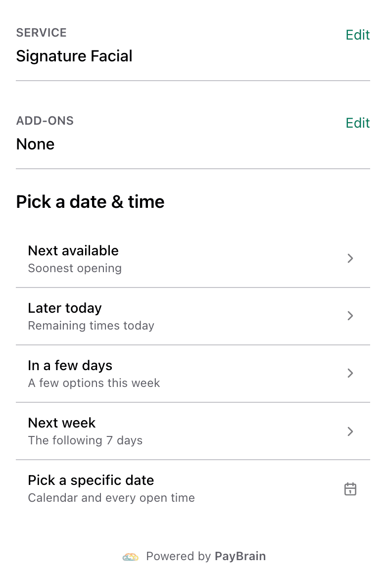 Picking a date and time on the booking page with quick picks like next available