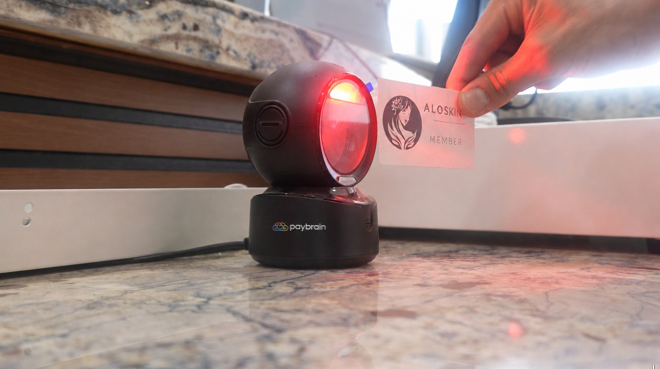A spa member card under the orb scanner's red beam at the front desk