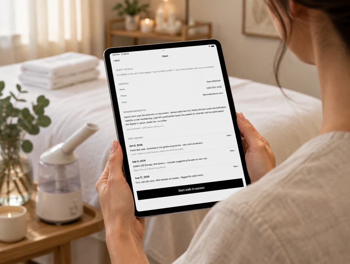 In a treatment room, an esthetician reads the client page on a tablet — AI session backnotes and visit history before the appointment