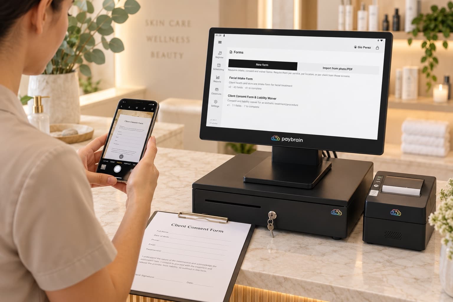 Photographing a paper client consent form with a phone while the register shows it imported as a digital form
