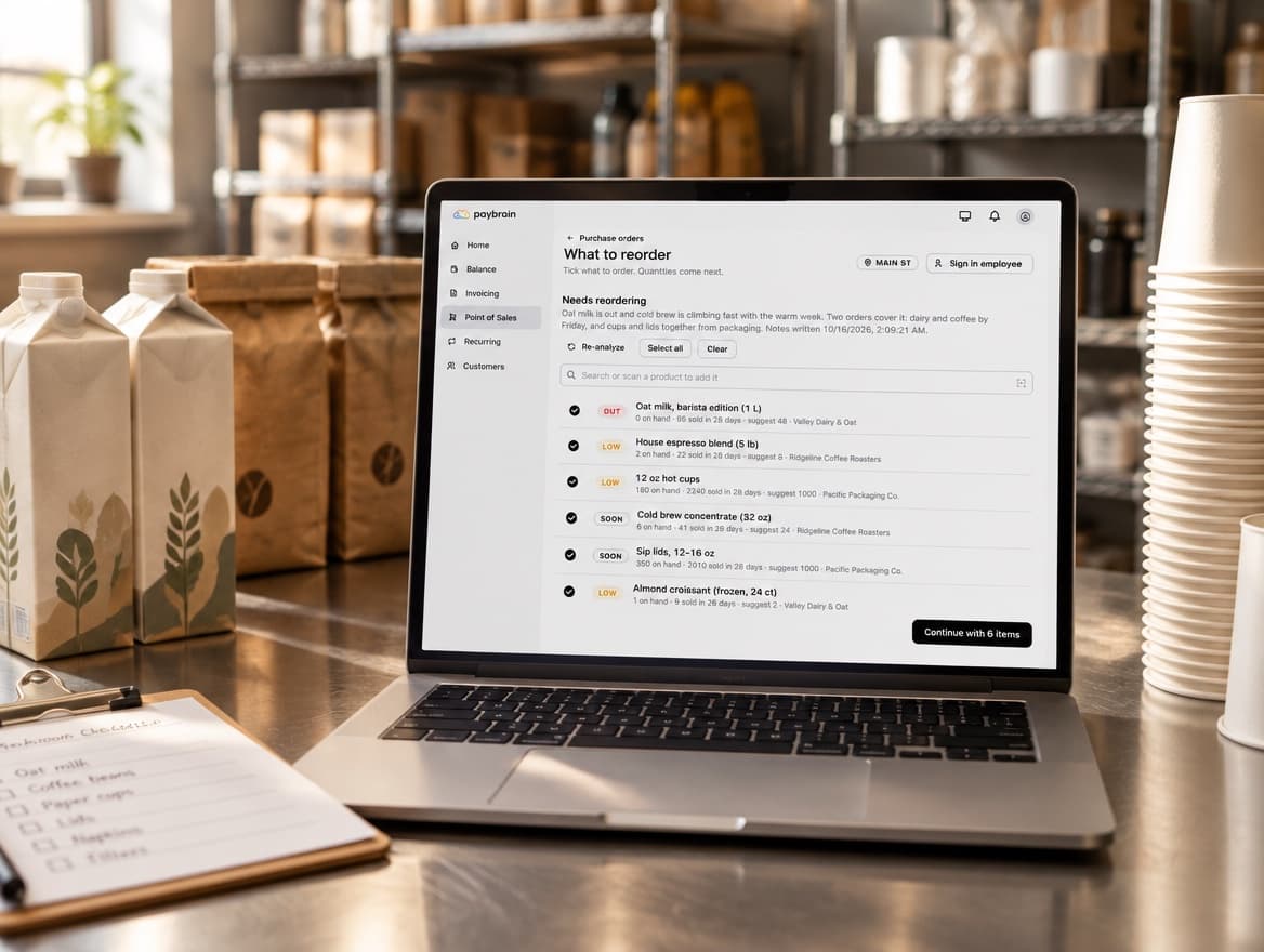 In a café stockroom, a laptop shows Paybrain's reorder list — oat milk out, espresso and cups low, cold brew running out soon — with a summary of what to order