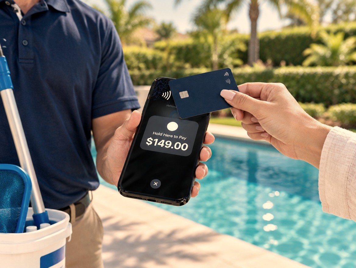 A pool technician starts a monthly service plan as the homeowner taps a card on the phone