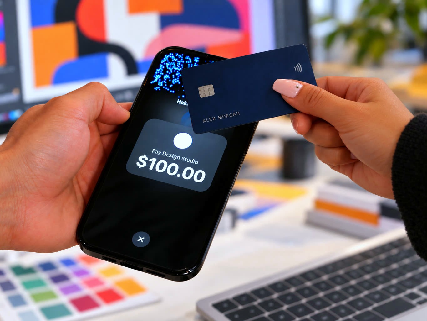 A card tapped against a phone taking a $100.00 contactless payment