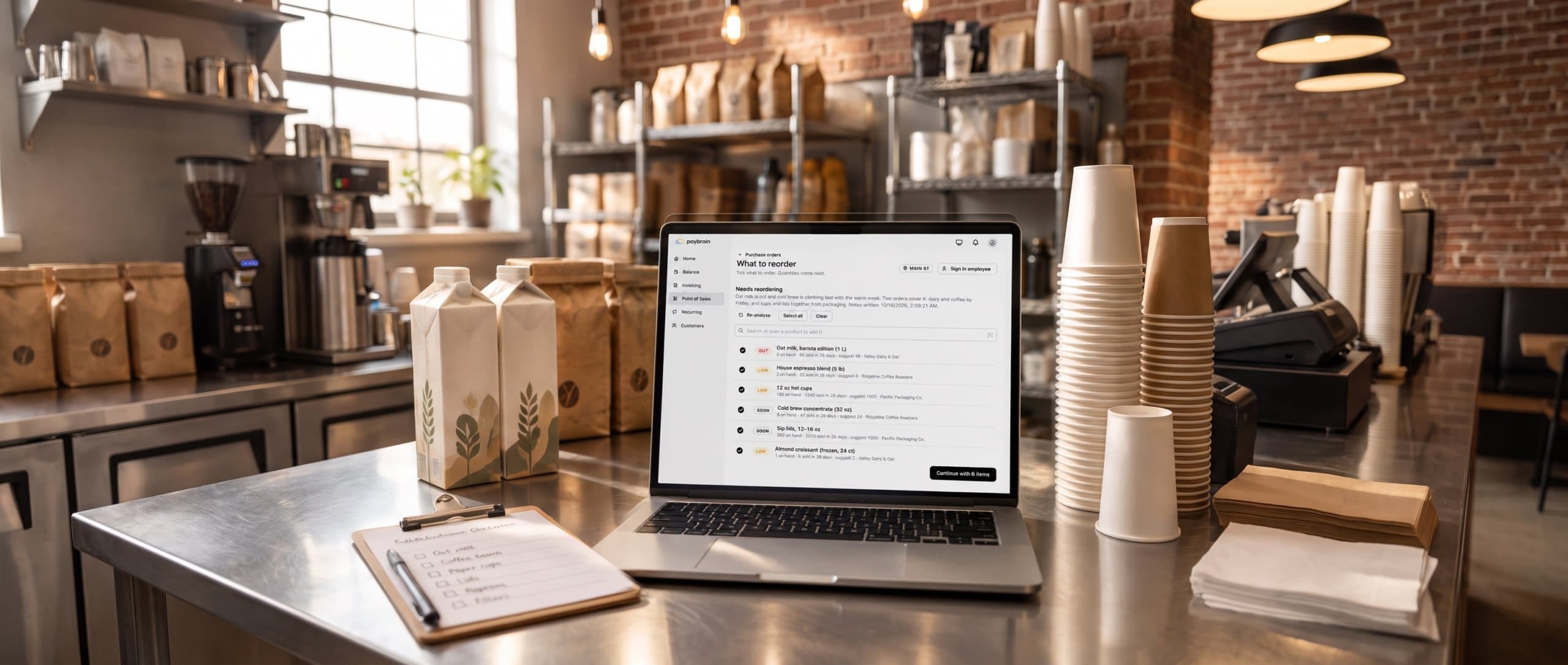 A café stockroom with shelves of coffee and cups; on the steel counter a laptop shows Paybrain's What to reorder list: oat milk out, espresso and cups low, cold brew and lids running out soon, each with what's on hand, 28-day sales, a suggested quantity and the supplier, under a short summary of what to order
