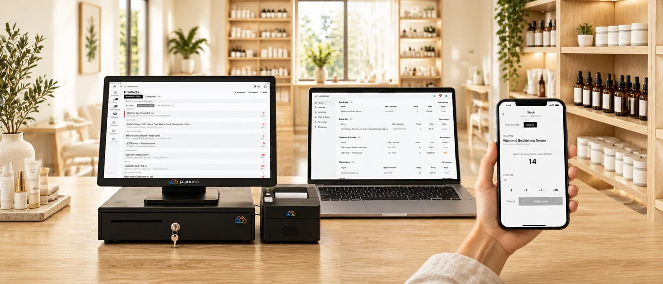 One spa, three screens: the register at the front counter showing low-stock products, the web inventory on a laptop in the back office, and a phone counting Vitamin C serum on the stockroom shelf