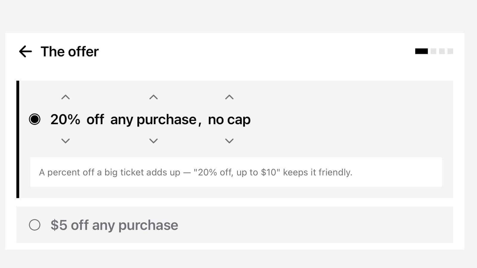 The promo wizard on the register, step one: 20% off any purchase, no cap