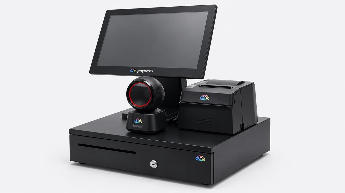The Paybrain Register kit: 15-inch touchscreen, orb barcode scanner and receipt printer on the black cash drawer