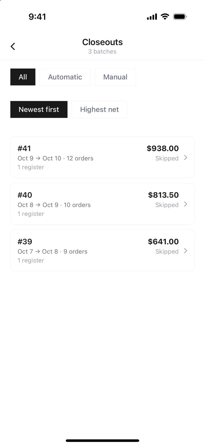 Daily closeouts with net sales per batch