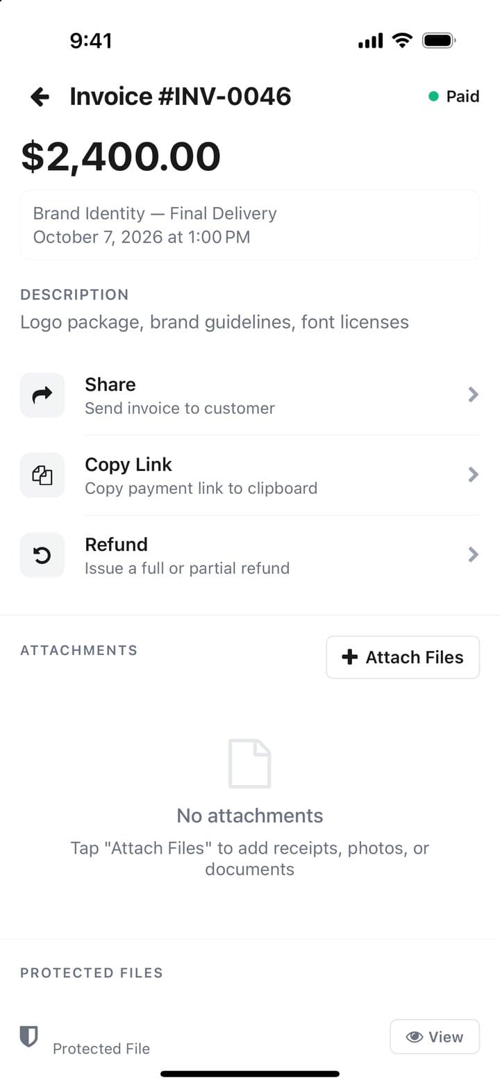 A paid invoice with share, copy link and refund actions
