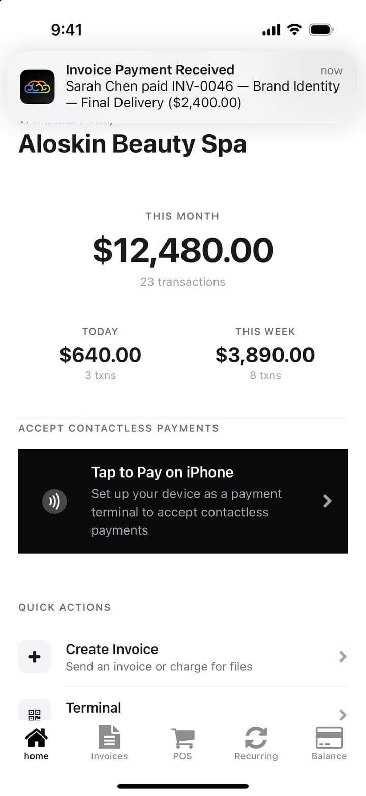 A push notification: invoice payment received from a client