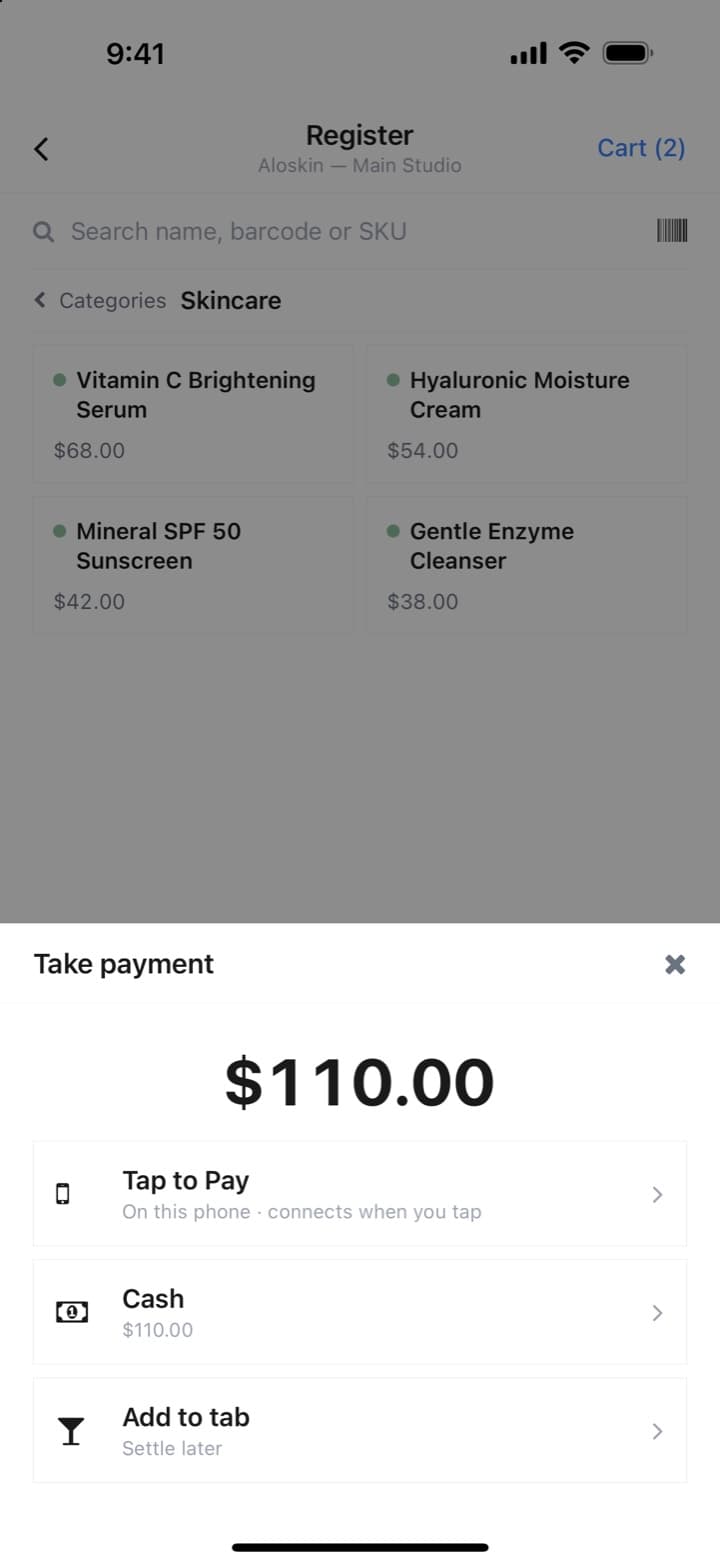 Take payment: $110.00 with Tap to Pay on this phone, cash, or add to a tab