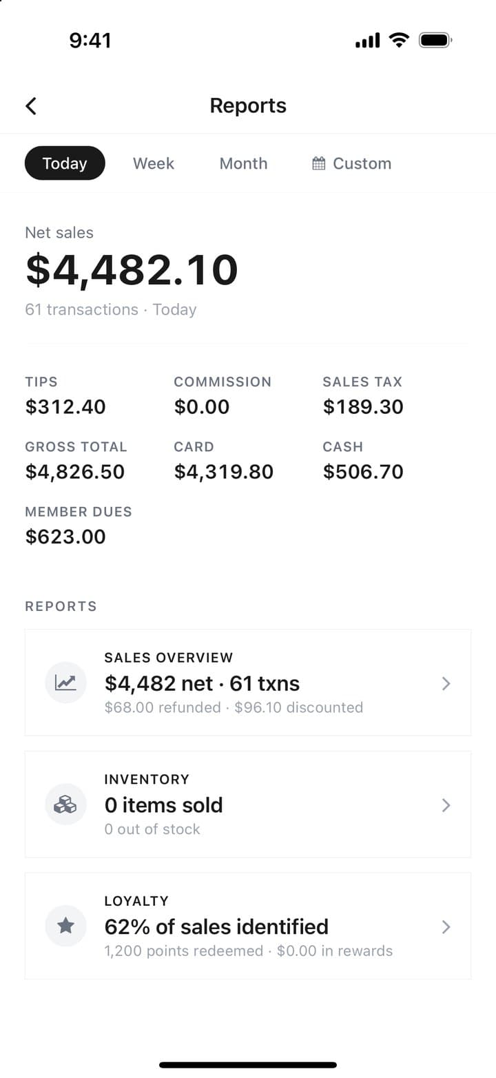 Reports: net sales, tips, card and cash, and member dues