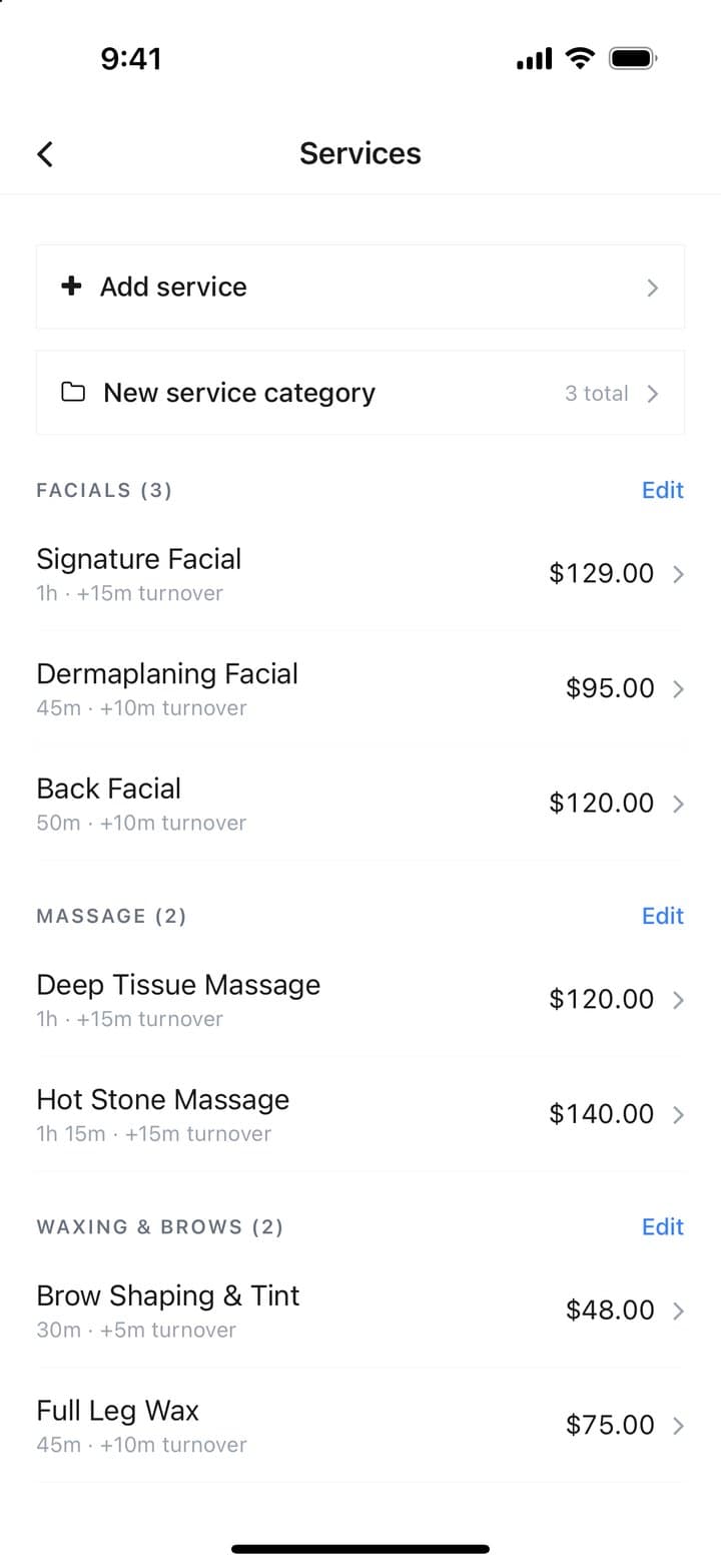 The services menu with prices and durations
