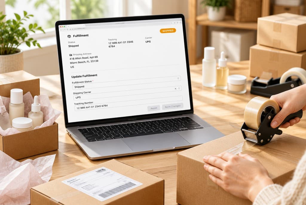 At a packing table, the order's Fulfillment card on a laptop — marked shipped with the UPS carrier and tracking number