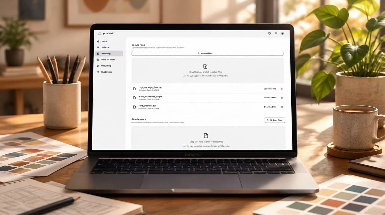 A designer's laptop showing the invoice builder with finished files uploaded and locked until payment