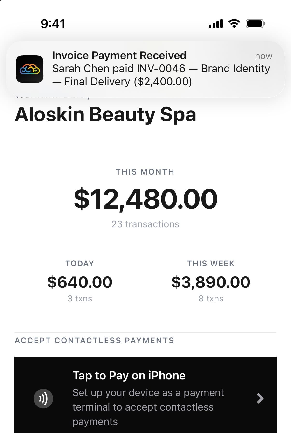 A Paybrain push notification: invoice payment received from a client