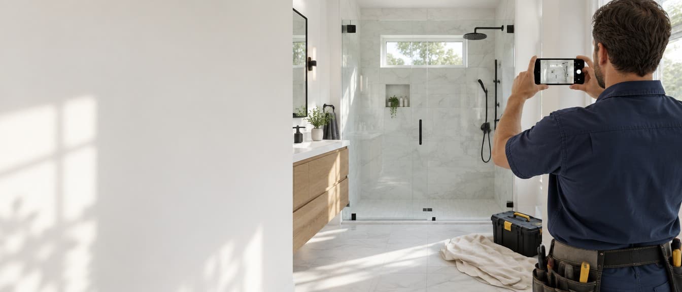 A contractor photographs a finished shower remodel on his phone before sending the invoice