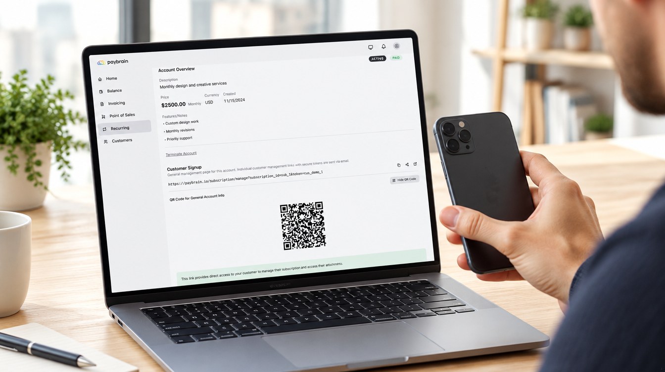A client scans a recurring plan's sign-up QR code from the laptop screen with their phone