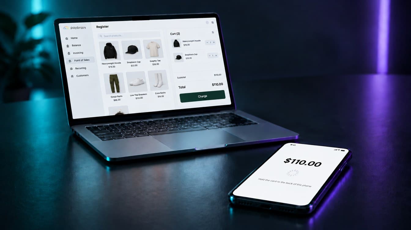 A laptop running the Paybrain web register with two items in the cart for $110.00, and a phone beside it showing $110.00 and Hold the card to the back of this phone