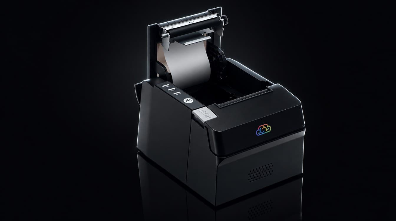 Receipt printer with the lid open and a paper roll dropped in