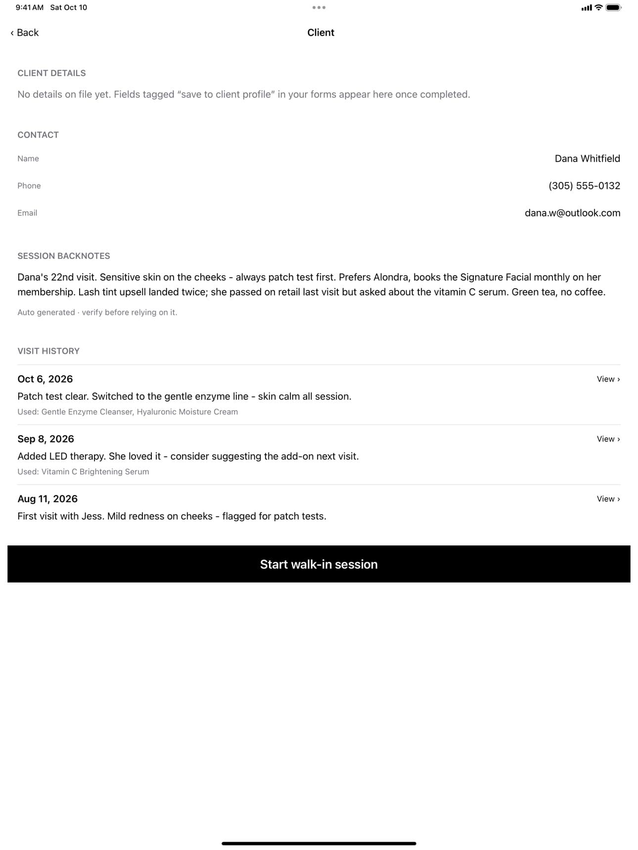 A client page: contact details, AI session backnotes and visit history