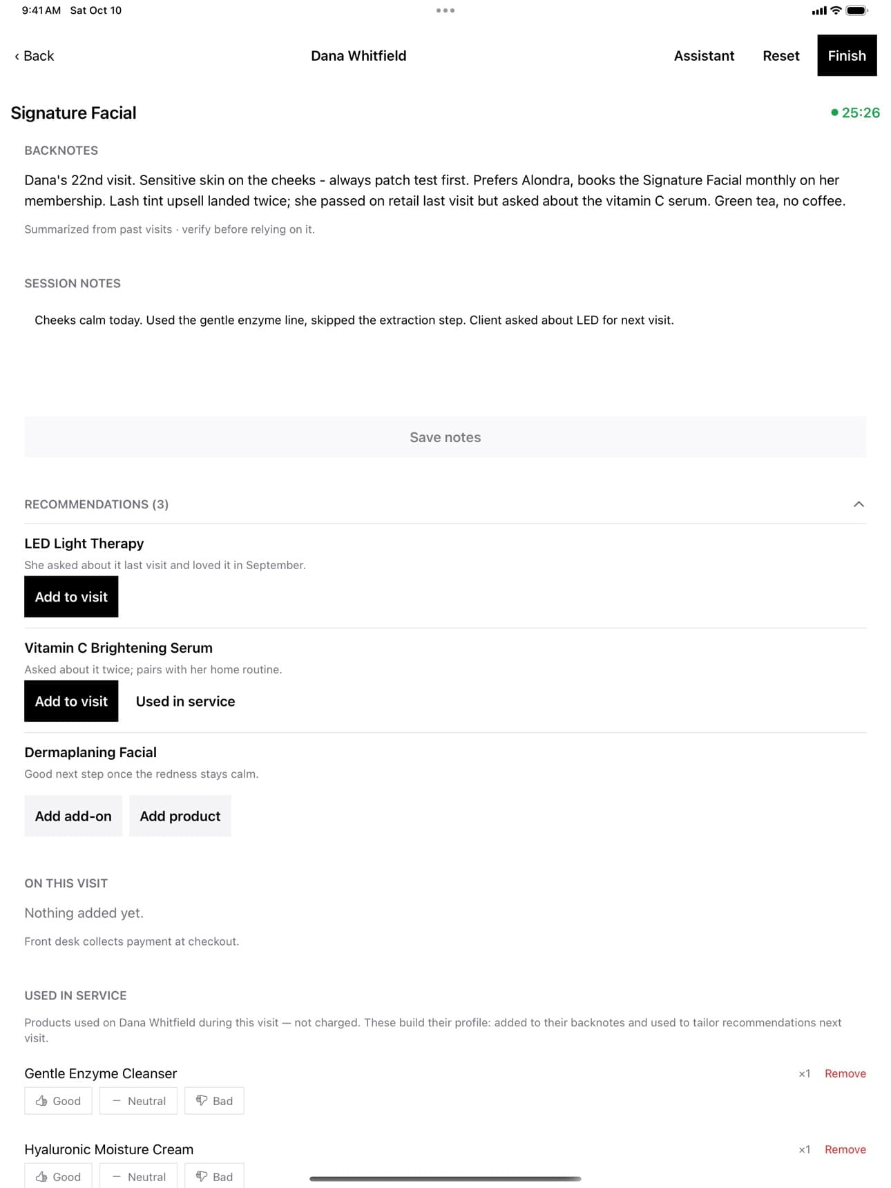 A visit in progress: AI backnotes on the client, session notes, and recommendations to add to the visit